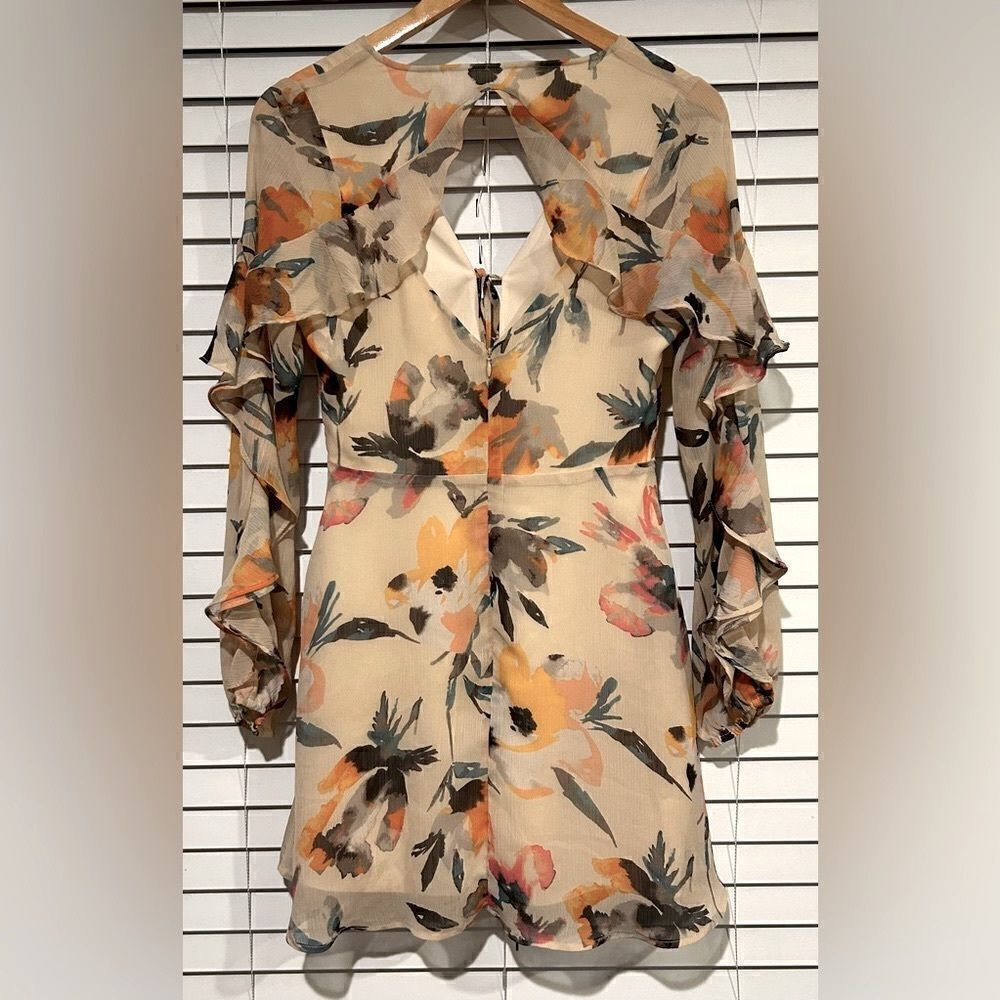 BCBGeneration Floral Ruffle Mini Dress Sheer Long Sleeve Boho Size 4 - Picture 10 of 15